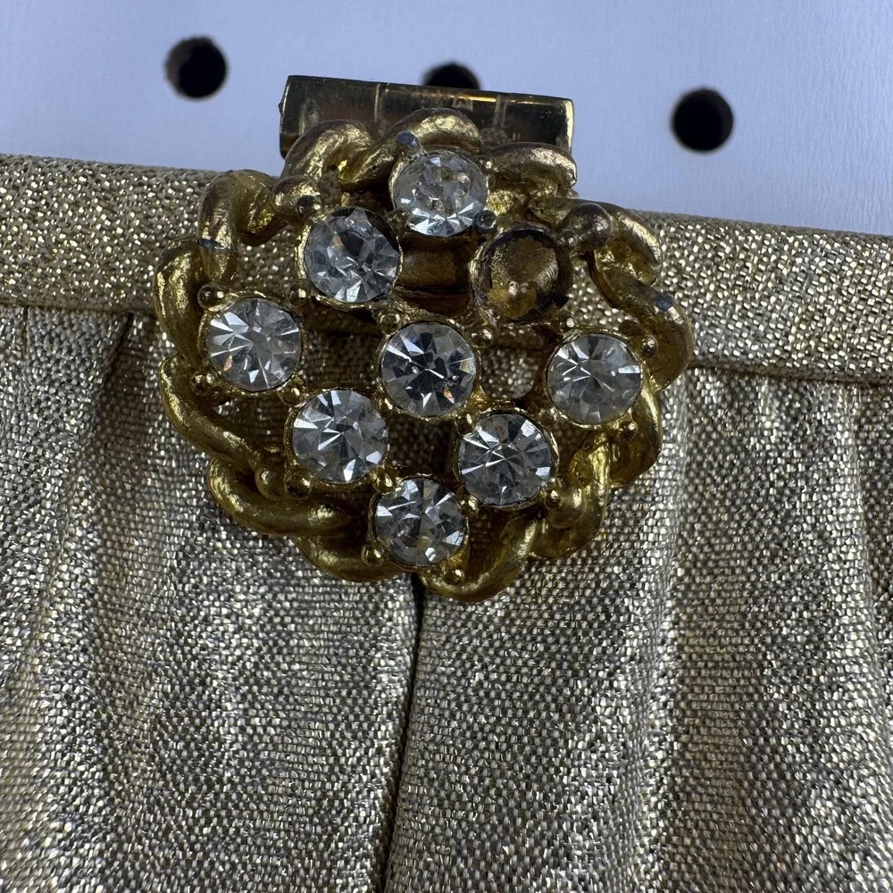 Vintage Ande Clutch Bag Womens Small Gold‎ Satin Rhinestone Formal Evening